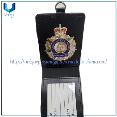 Insignia de metal de oficial del gobierno de Australia personalizada con soporte de cuero de vaca, placa de policía de plata de Australia con soporte de cuero