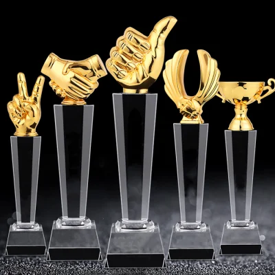 Tamaño S/resina de cristal personalizada y trofeo de premio Awad de hoja de oro Matel